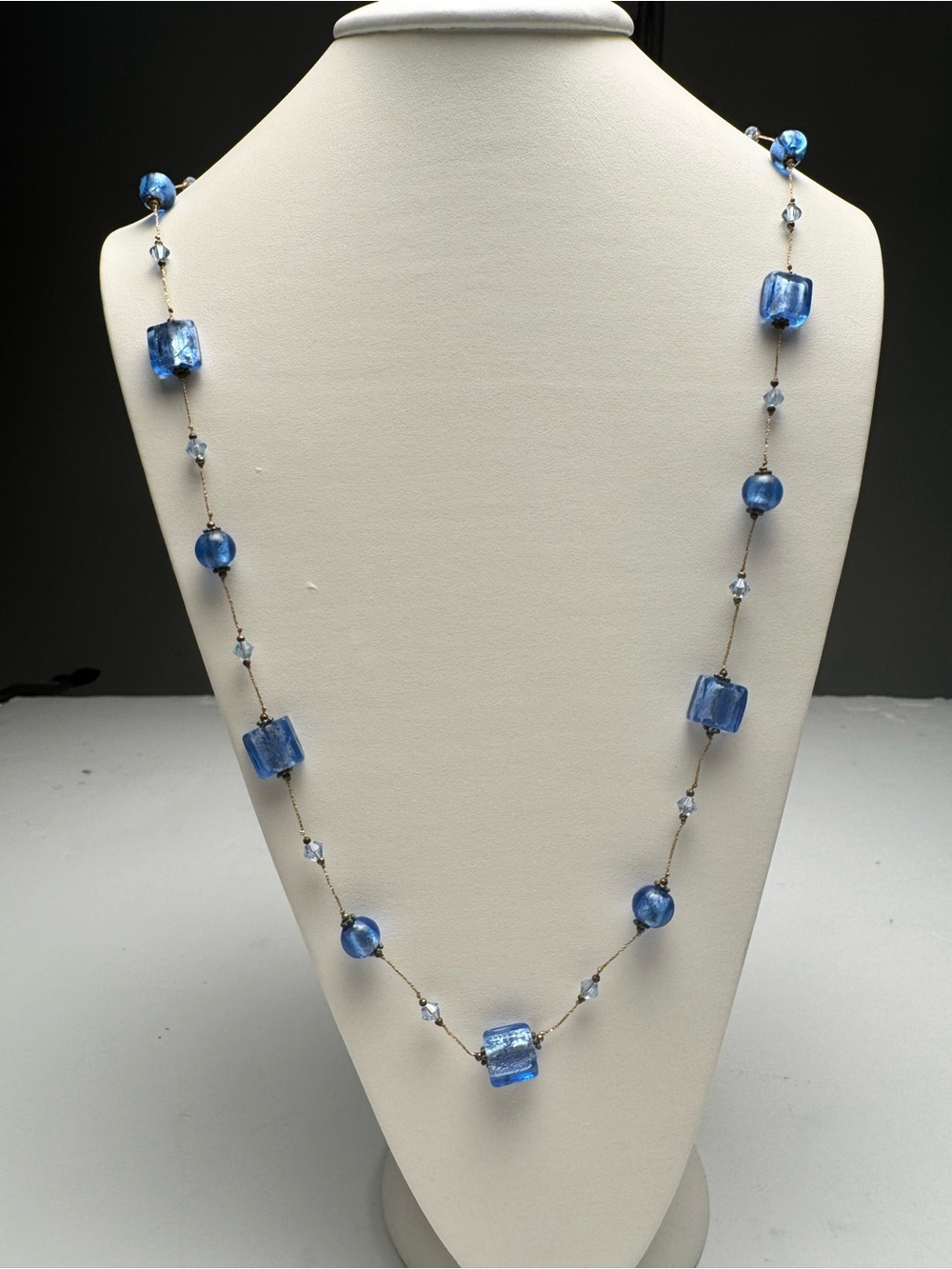 Blue Glass Bead Station Necklace - Unbranded